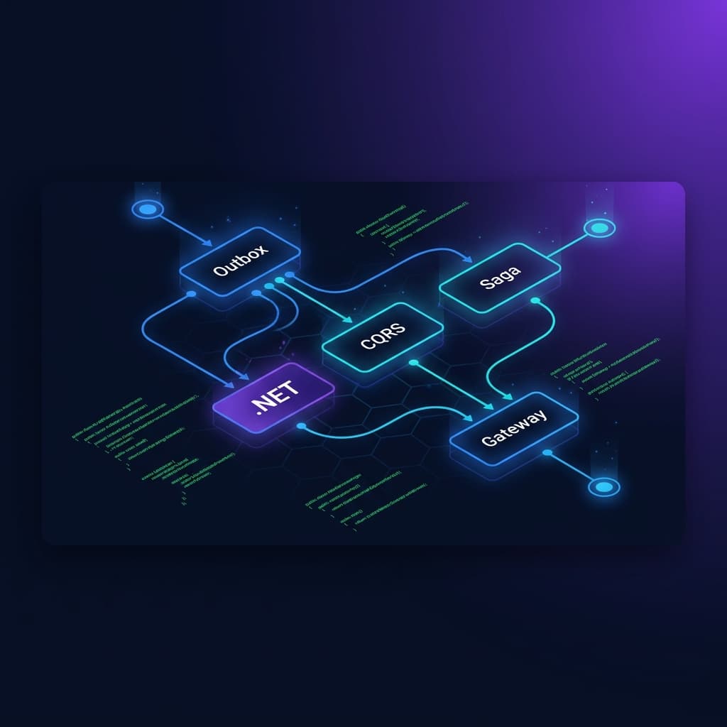 .NET 9 microservices patterns architecture diagram — Outbox, CQRS, Saga, Idempotent Consumer, API Gateway