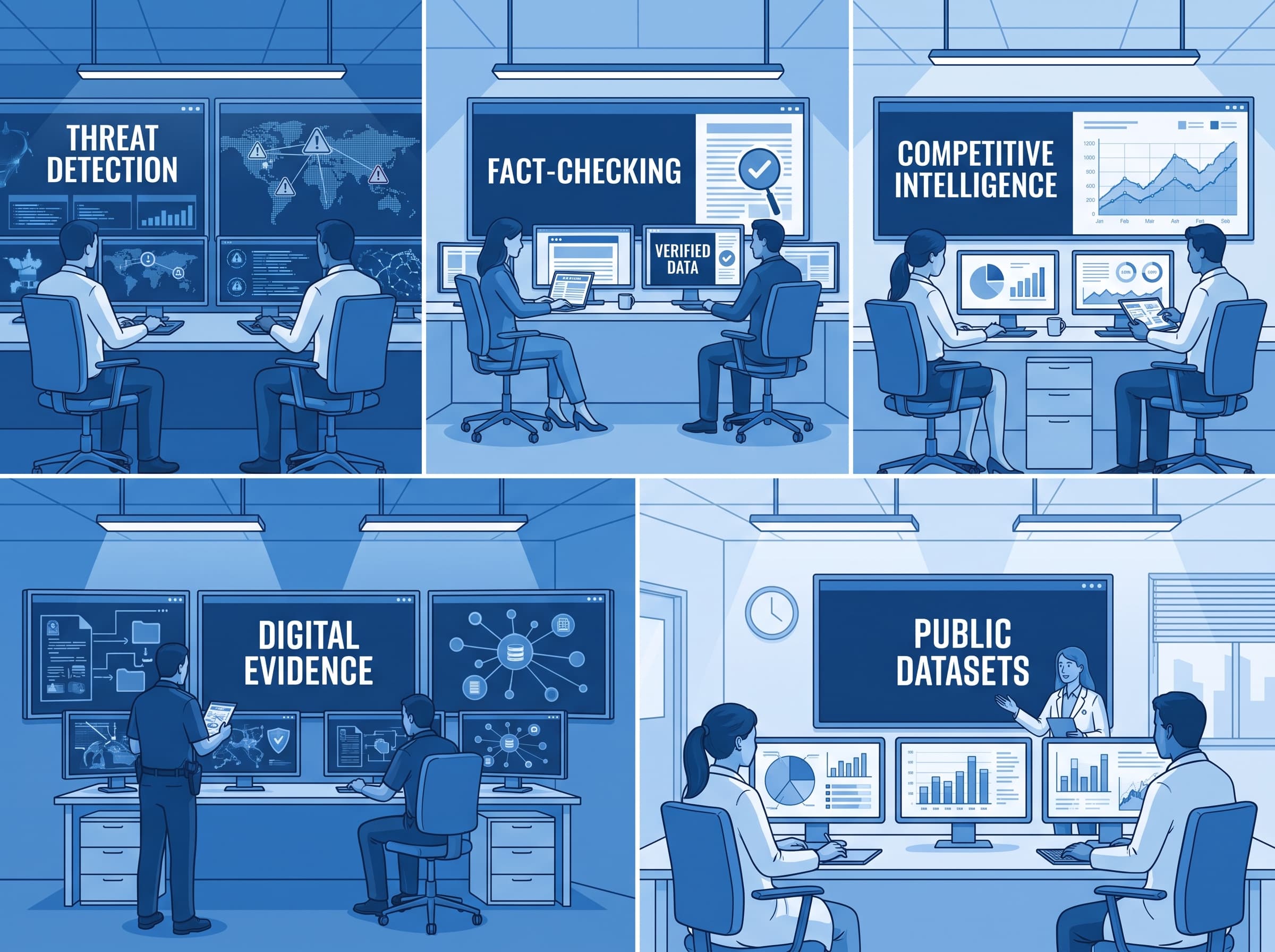 Mind map showing the diverse applications of OSINT across cybersecurity threat analysis, digital forensics, corporate due diligence, journalism, and public investigations