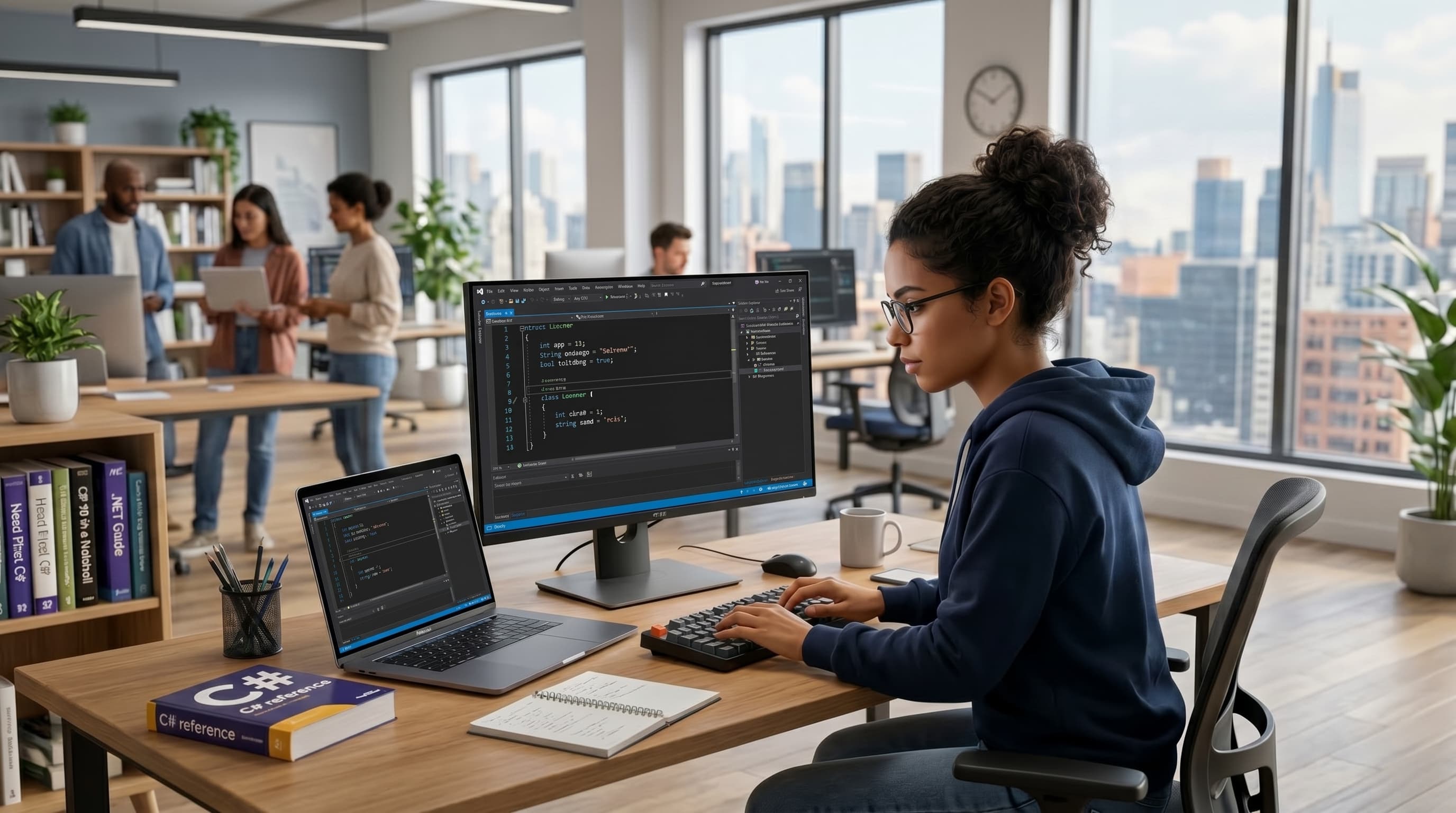 Developer writing C# code in Visual Studio IDE with C# reference books on the desk